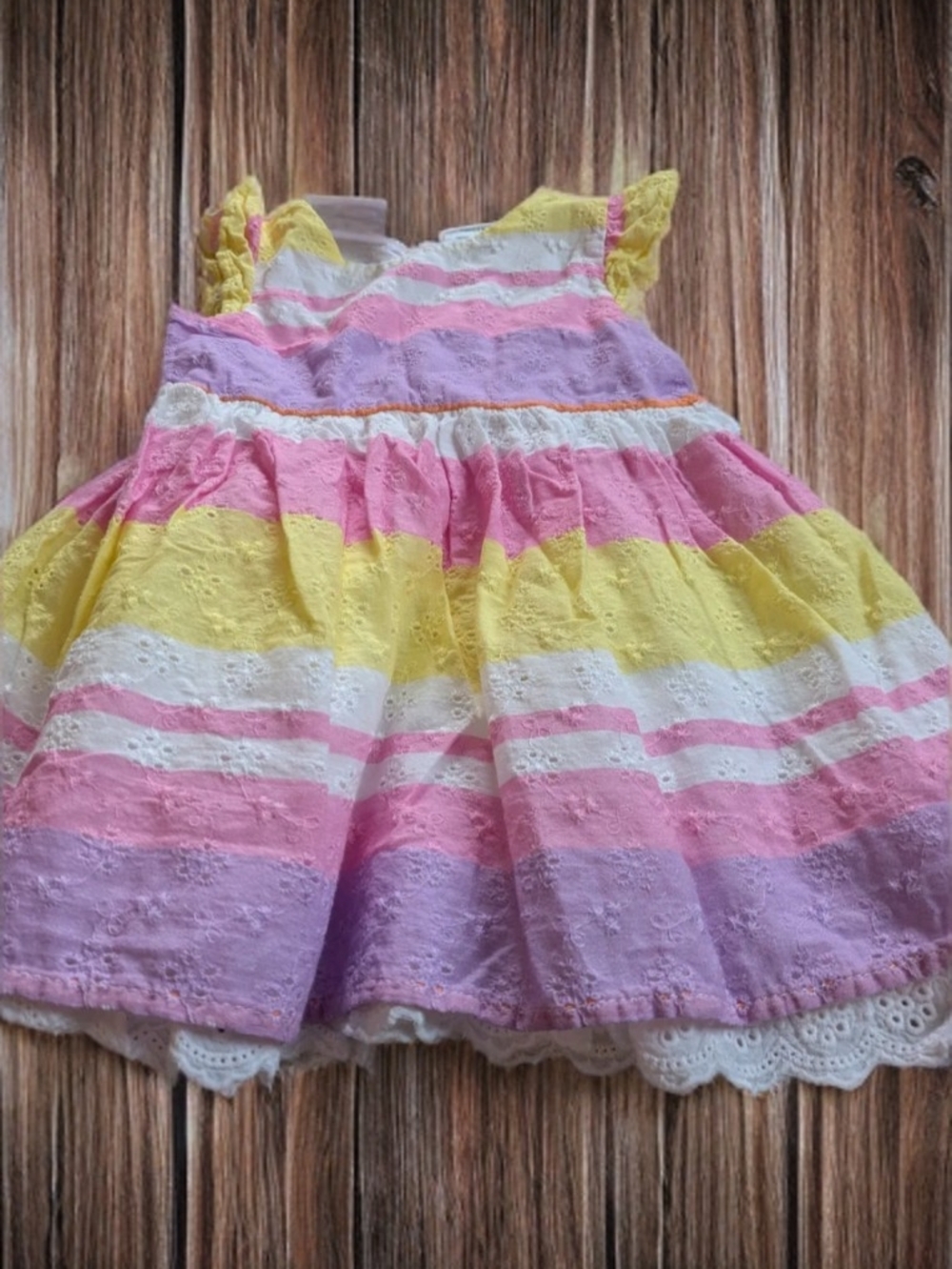 Blueberi Blvd  Pastel Striped Eyelet Dress in Pink, Yellow & Lavender Size 3/6 M